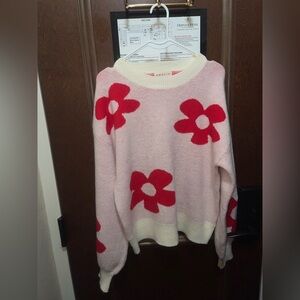 Amoli Floral Crewneck Sweater with Red Flower Accents Size M/L